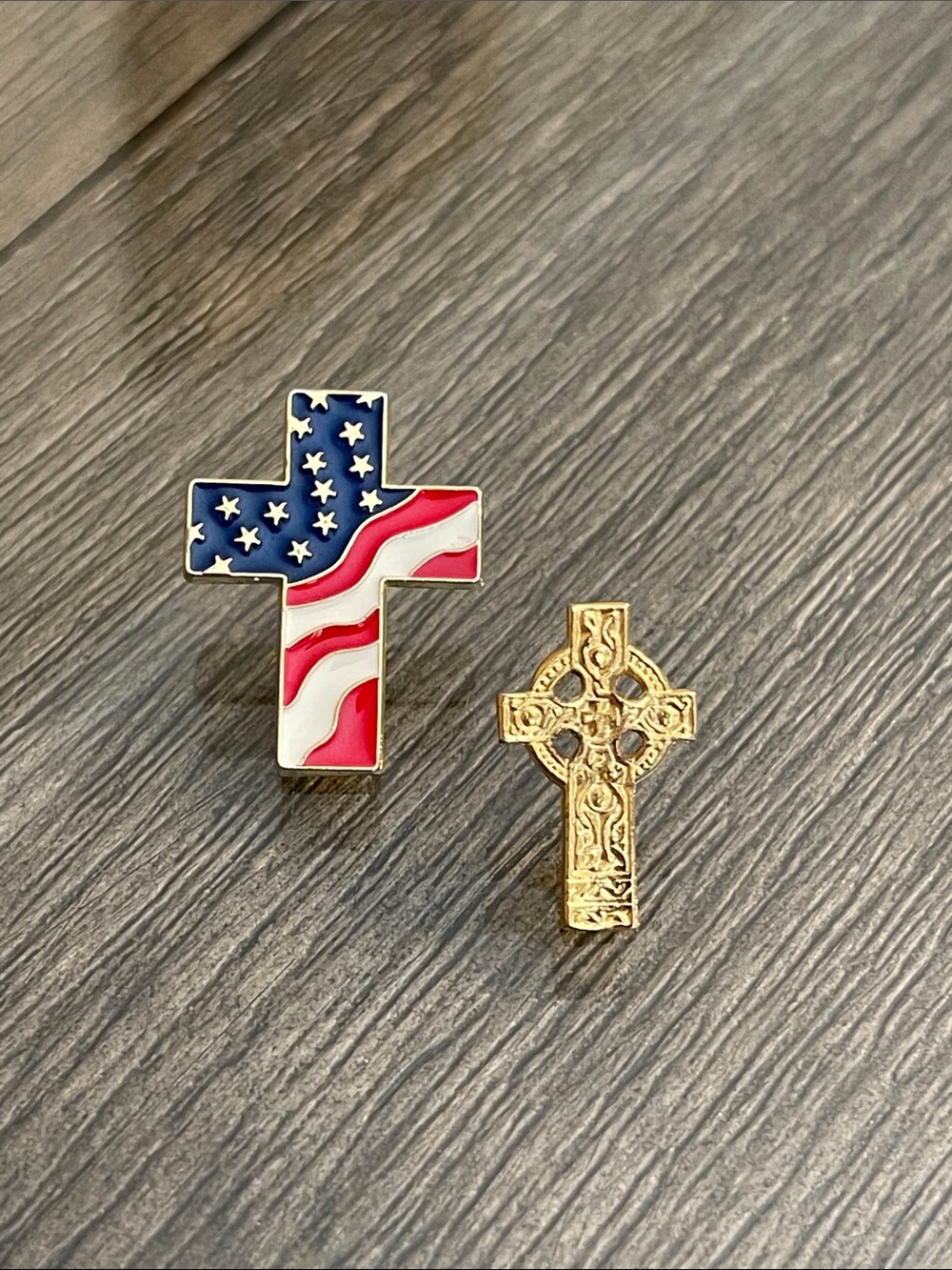Colorful American Flag Cross Pin & Gold-Tone Celtic Cross Lapel Pin Set